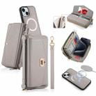 For iPhone 15 Plus MagSafe Crossbody Multi-functional Zipper Wallet Litchi Leather Phone Case(Grey) - 1