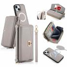 For iPhone 15 MagSafe Crossbody Multi-functional Zipper Wallet Litchi Leather Phone Case(Grey) - 1