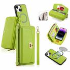 For iPhone 14 Plus MagSafe Crossbody Multi-functional Zipper Wallet Litchi Leather Phone Case(Green) - 1