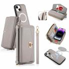 For iPhone 14 Plus MagSafe Crossbody Multi-functional Zipper Wallet Litchi Leather Phone Case(Grey) - 1