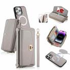 For iPhone 14 Pro MagSafe Crossbody Multi-functional Zipper Wallet Litchi Leather Phone Case(Grey) - 1