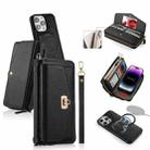 For iPhone 14 Pro Max MagSafe Crossbody Multi-functional Zipper Wallet Litchi Leather Phone Case(Black) - 1