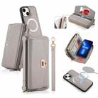 For iPhone 13 MagSafe Crossbody Multi-functional Zipper Wallet Litchi Leather Phone Case(Grey) - 1