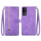 For TCL 40 XE Embossed Flower Zipper Leather Phone Case(Purple) - 1