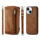 For iPhone 15 Crossbody Multi-functional Zipper Wallet Leather Phone Case(Brown) - 1