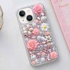 For iPhone 15 Rose Hand-set Diamond PC Phone Case(Pink) - 1