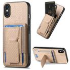 For iPhone X / XS Carbon Fiber Fold Stand Elastic Card Bag Phone Case(Khaki) - 1