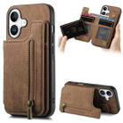 For iPhone 16 Retro Leather Zipper Wallet Back Phone Case(Brown) - 1