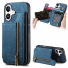 For iPhone 16 Retro Leather Zipper Wallet Back Phone Case(Blue) - 1