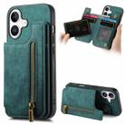 For iPhone 16 Retro Leather Zipper Wallet Back Phone Case(Green) - 1