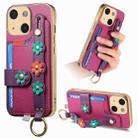 For iPhone 15 Stereoscopic Flowers Wristband Card Bag Phone Case(Purple) - 1