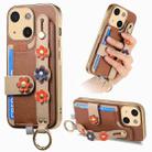 For iPhone 15 Stereoscopic Flowers Wristband Card Bag Phone Case(Brown) - 1