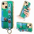 For iPhone 15 Stereoscopic Flowers Wristband Card Bag Phone Case(Green) - 1