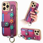 For iPhone 15 Pro Stereoscopic Flowers Wristband Card Bag Phone Case(Purple) - 1