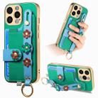 For iPhone 15 Pro Stereoscopic Flowers Wristband Card Bag Phone Case(Green) - 1