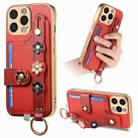 For iPhone 15 Pro Stereoscopic Flowers Wristband Card Bag Phone Case(Red) - 1