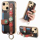 For iPhone 15 Plus Stereoscopic Flowers Wristband Card Bag Phone Case(Black) - 1