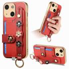 For iPhone 15 Plus Stereoscopic Flowers Wristband Card Bag Phone Case(Red) - 1