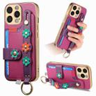 For iPhone 14 Pro Stereoscopic Flowers Wristband Card Bag Phone Case(Purple) - 1