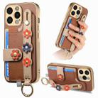 For iPhone 14 Pro Stereoscopic Flowers Wristband Card Bag Phone Case(Brown) - 1