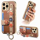 For iPhone 13 Pro Stereoscopic Flowers Wristband Card Bag Phone Case(Brown) - 1
