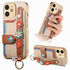 For iPhone 11 Stereoscopic Flowers Wristband Card Bag Phone Case(Khaki) - 1