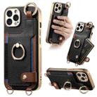 For iPhone 15 Pro Fashion Ring Card Bag Phone Case with Hang Loop(Black) - 1