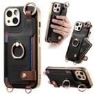 For iPhone 15 Plus Fashion Ring Card Bag Phone Case with Hang Loop(Black) - 1