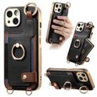 For iPhone 14 Fashion Ring Card Bag Phone Case with Hang Loop(Black) - 1