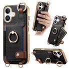 For iPhone 16 Fashion Ring Card Bag Phone Case with Hang Loop(Black) - 1