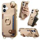 For iPhone 16 Fashion Ring Card Bag Phone Case with Hang Loop(Khaki) - 1