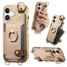 For iPhone 16 Plus Fashion Ring Card Bag Phone Case with Hang Loop(Khaki) - 1