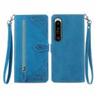 For Sony Xperia 1 IV Embossed Flower Zipper Leather Phone Case(Blue) - 1