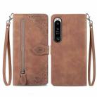 For Sony Xperia 1 IV Embossed Flower Zipper Leather Phone Case(Brown) - 1