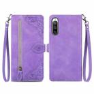 For Sony Xperia 10 IV Embossed Flower Zipper Leather Phone Case(Purple) - 1