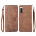 For Sony Xperia 10 IV Embossed Flower Zipper Leather Phone Case(Brown) - 1