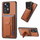 For Xiaomi 12T Pro Carbon Fiber Fold Stand Elastic Card Bag Phone Case(Brown) - 1