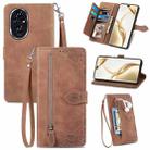 For Honor 200 Pro Embossed Flower Zipper Leather Phone Case(Brown) - 1