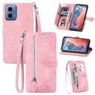 For Motorola Moto G Play 2024 Embossed Flower Zipper Leather Phone Case(Pink) - 1