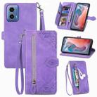 For Motorola Moto G Play 2024 Embossed Flower Zipper Leather Phone Case(Purple) - 1