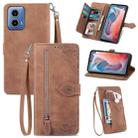 For Motorola Moto G Play 2024 Embossed Flower Zipper Leather Phone Case(Brown) - 1