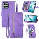 For Motorola Moto G75 5G Embossed Flower Zipper Leather Phone Case(Purple) - 1