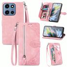 For Motorola Moto G 2025 Embossed Flower Zipper Leather Phone Case(Pink) - 1