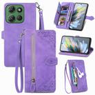 For Motorola Moto G Power 2025 Embossed Flower Zipper Leather Phone Case(Purple) - 1
