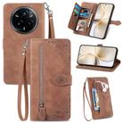 For Realme 14 Pro+ Embossed Flower Zipper Leather Phone Case(Brown) - 1