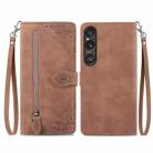 For Sony Xperia 1 VI Embossed Flower Zipper Leather Phone Case(Brown) - 1