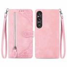 For Sony Xperia 5 VI Embossed Flower Zipper Leather Phone Case(Pink) - 1