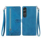 For Sony Xperia 5 VI Embossed Flower Zipper Leather Phone Case(Blue) - 1