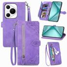 For Huawei Pura 70 Embossed Flower Zipper Leather Phone Case(Purple) - 1