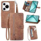 For Huawei Pura 70 Embossed Flower Zipper Leather Phone Case(Brown) - 1